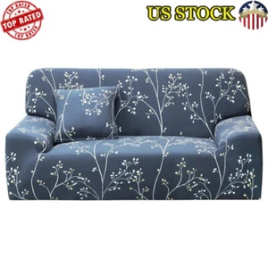 Contemporary Floral Stretch XL Sofa Cover Set Blue Washable Slipcover Kit New - Picture 1 of 6