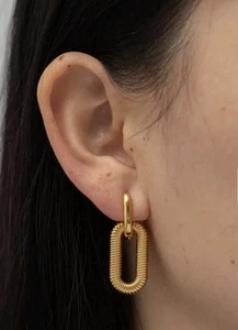 Anthropologie Hoop Earrings Geometric Gold Boho Steampunk Geometric Link Double - Picture 1 of 7
