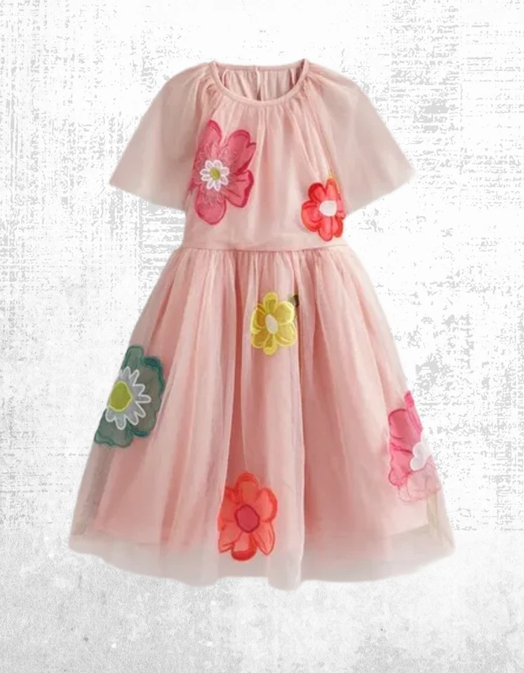 Ex Mini Boden Girl’s Short Sleeve Tulle Applique Dress in Provence Dusty Pink - Image 1 of 4