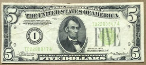 1934 $5 FRN ~ MINNEAPOLIS LGS ~ NO MOTTO ~ FREE SHIPPING ~ SN# I 0229 0847 A - Picture 1 of 3