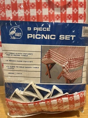 Vintage Egret Picnic Table 9 Piece Cover Red Gingham Check Tablecloth Vinyl Pad - Image 1 of 3
