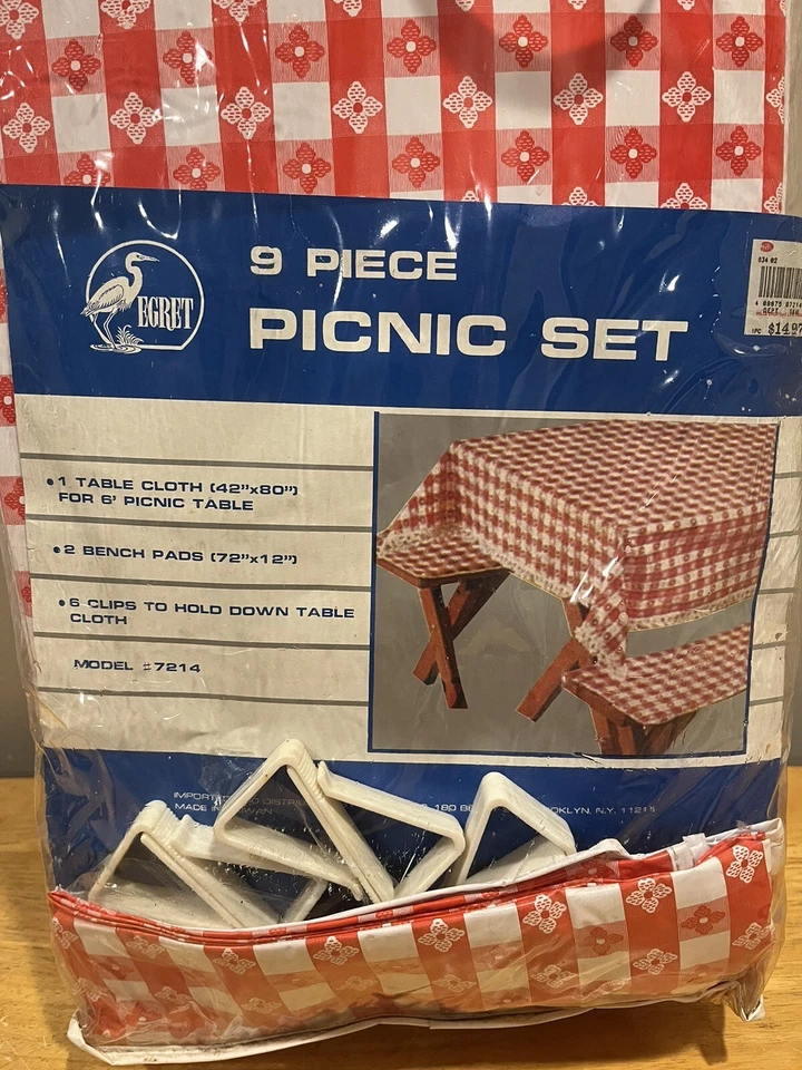 Vintage Egret Picnic Table 9 Piece Cover Red Gingham Check Tablecloth Vinyl Pad - Image 1 of 3