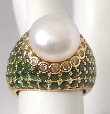 翡翠绿色水钻和 CZ 戒指 尺寸 5 全新带盒 淡水 白色 珍珠 人造 — 第 1/4 张图片