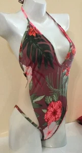 NWT Victorias Secret SWIM PINK One Piece Floral Mesh Plunge SwimSuit Large N6123 - Picture 1 of 6