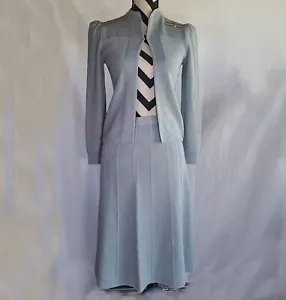 Vtg St. John Marie Gray, Blue Santana Knit Open Cardigan Skirt Set, Brooch - Picture 1 of 16