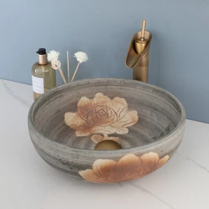 Flower Carving Bathroom Vessel Sink Round Bowl Antique Brass Drain Waterfall Tap - Picture 1 of 9