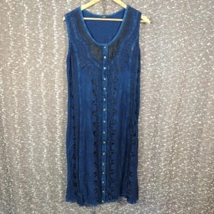 Vintage Floral Embroidered Boho Blue Sun Dress Button Front Women's Large - Picture 1 of 10