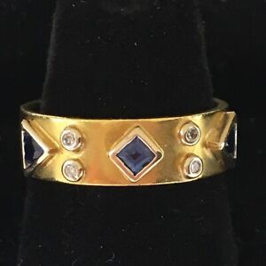 Beautiful 14K Two Tone Gold Blue Sapphires & Diamonds Ladies Band Ring 6.6gr.
