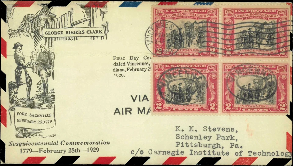 SAVOYSTAMPS- USA Cover -1929- George Rogers Clark -# 651 FDC, Vincennes, Indiana - Image 1 of 1