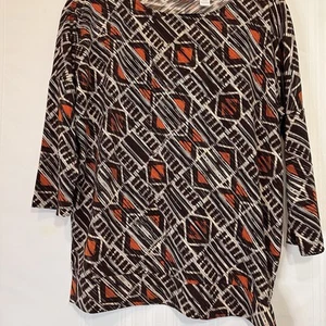 Chicos Geometric Brown Orange top Womens Medium 3/4 sleeve Lightweight Chico 1 - Picture 1 of 9