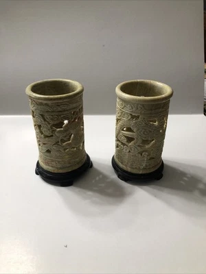 Pair Of Vintage Chinese Hand Carved Soap Stone Brush Pots. - Image 1 of 4