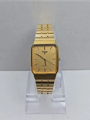 Vintage Pulsar by Seiko V321-5009 Gold Tone Tank Quartz Mens Watch New Battery - Image 1 of 4