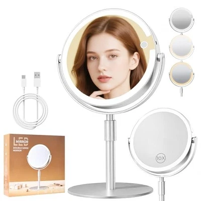 1X/10X Magnifying Makeup Mirror with Lights,USB Rechargeable 8" Dual-Sided  - Изображение 1 из 4