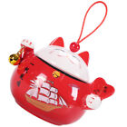 Red Ceramics Lucky Cat Storage Jar Container with Lid Fortune