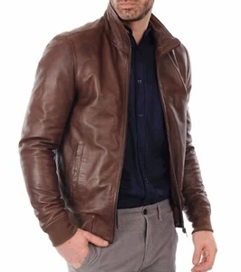 Nueva Chaqueta de Cuero para Hombres Abrigo de Motociclista Bombardero Marrón Cuero Suave Real - Imagen 1 de 3