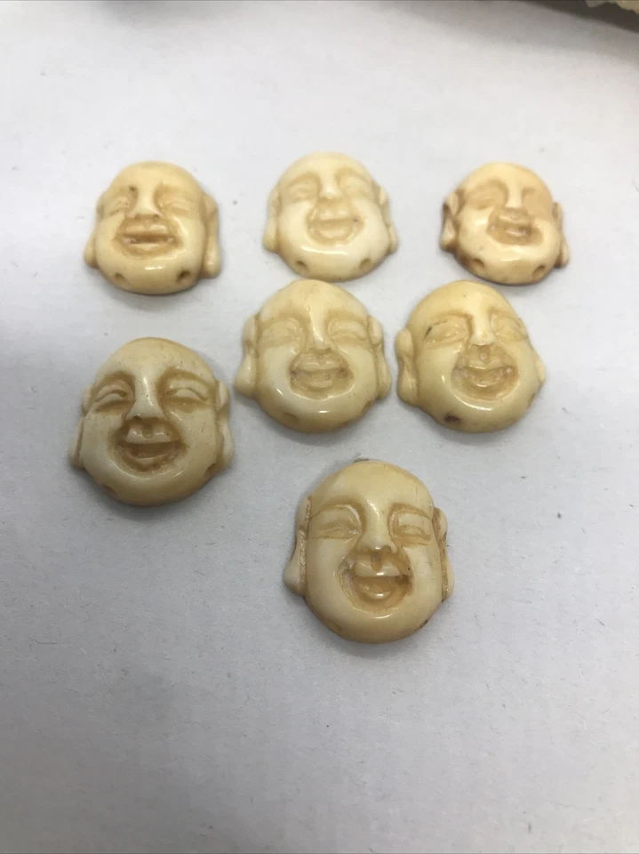 7 Piece Antique/Vintage Hand carved Chinese Laughing Budha Head Bracelet Links - Image 1 of 4