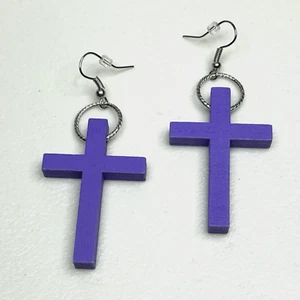 Purple Wood Cross Earrings Silver Tone Loop Hook Lightweight Religion Spiritual - Picture 1 of 4