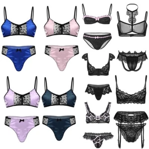 Herren Sissy Satin Spitzen BH Slips Panties Set Crossdresser Dessous Unterwäsche - Picture 1 of 119