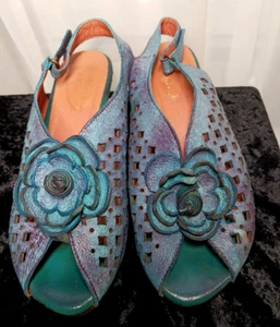 Spring Step L’Artiste Lovella Turquoise Soft Leather Heel Sandals Floral 7.5 EUC - Picture 1 of 5