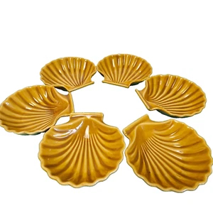 Set of 6 Seashell Mustard Ceramic Butter Scallops Trinket Dishes Japan Vintage - Picture 1 of 7