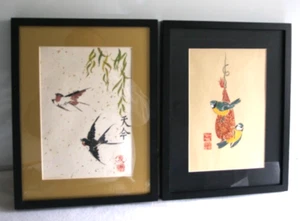 x2 UK Birds in Japan Style ORIGINAL PAINTINGS Swallow & English Blue Tits Set - Picture 1 of 5