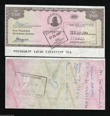 ZIMBABWE 1000 DOLLARS P-15 2003 x 1 Pcs Travelers CHEQUE ZIMBABWEAN BANK NOTE - Image 1 of 3