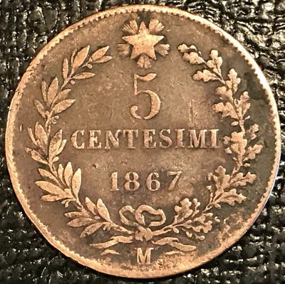 VINTAGE FINE DETAILS  1867 M ITALY 5 CENTESIMI-SURFACE ISSUES-COIN-JUN024 - Image 1 of 2