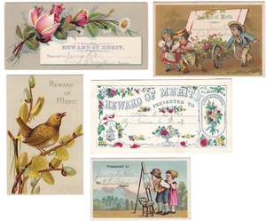 Lot of 5 Victorian era Antique Reward of Merit Cards - Bild 1 von 6