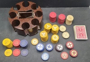 Vintage Lot Of 200+ Clay Paranoid Inlaid Poker Chips, Dennison Holder & Cards - Picture 1 of 23