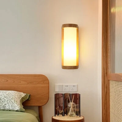 LED Wall Lamp Solid Wood Nordic Log Style Light Fixture E27 Bulb Glass Lampshade - Image 1 of 4