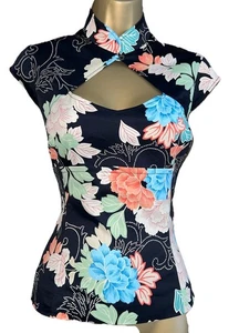 KAREN MILLEN ❤️14 UK US 10 Blusa Top Estilo Corsé Floral Oriental China Negra - Imagen 1 de 10