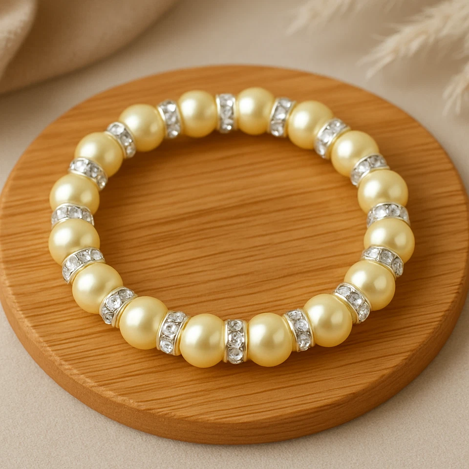 Pulsera elástica boho elástica elástica de 8 mm de perlas de vidrio amarillo claro y diamantes de imitación plateados Foto 1 de 1