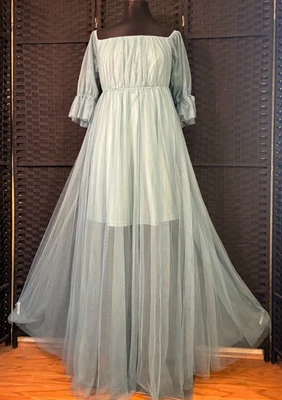 Ever Pretty LONG CYAN BLUE TULLE DRESS XL Tall Mesh Gown Bridgerton FairyCore - Image 1 of 4