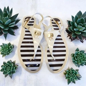 Henri Bendel  Ivory Striped Jelly Lock Gold Logo Thong Sandals Size 9 - Picture 1 of 9