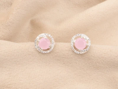 Pendientes de circón de plata de ley 925 con piedras preciosas de calcedonia rosa 0,41" Foto 1 de 4
