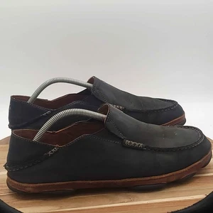 Olukai Scarpe Uomo 10 Moloa Ciabatte Nero Pelle Mocassini Slip On Casual Comfort - Foto 1 di 22