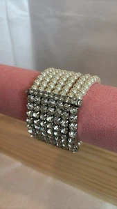 Glamorous Pearl & Rhinestone Wide Cuff Bracelet - Picture 1 of 4