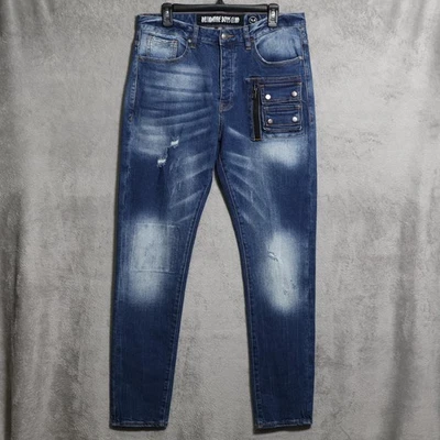 Мужские джинсы Billionaire Boys Club 34 из синей джинсовой ткани приталенные с карманом для груза искусственно состаренные - Изображение 1 из 4