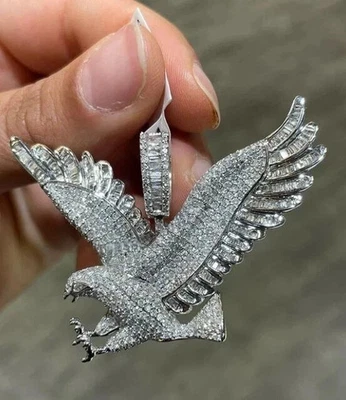 4Ct Round Cut Real Moissanite Eagle Charm Men's Pendant 14K White Gold Plated - Image 1 of 4