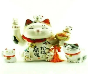Maneki Neko Japanese Lucky Cats Beckoning Porcelain Genuine Japan Made 1 set - Picture 1 of 7