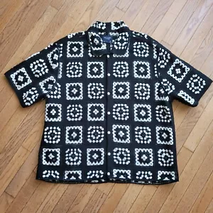 Abercrombie & Fitch Crochet Squares Short Sleeve Knit Polo Shirt Black Men's XL - Picture 1 of 12