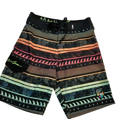 28x9.5 S Maui & Sons Mens Swim Trunks Board Shorts Sz Multicolor Striped Black - Image 1 of 4