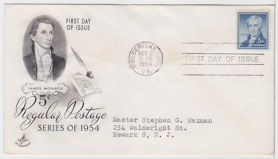 TurtlesTradingPost - James Monroe 5 Cent #1038- 1954 Artcraft Cachet FDC - Image 1 of 1