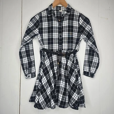 MyHu Belted Black & White Plaid Dress Girls 12 LS Button Front Knee Length - Image 1 of 4