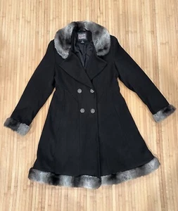 Rothschild Black Wool Winter Dress Coat W/ Black & Gray Faux Fur Trim Sz 10 Girl - Picture 1 of 7