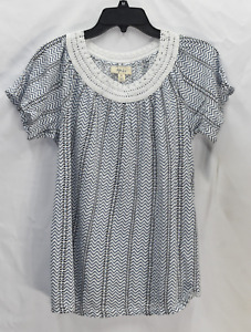 Style & Co Women's Chevron Crochet-Trim Flutter-Sleeve Top, Blue, Size M, NwT