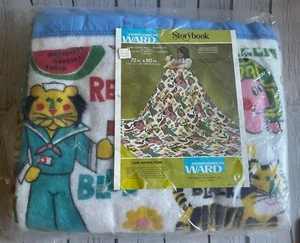Vintage Montgomery Ward STORYBOOK Child Baby Blanket 72 x 90 Nylon Binding NOS - Picture 1 of 5