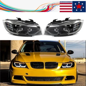 White LED 3D CRYSTAL U-HALO FOR 2005-2008 BMW 3-SERIES E90 BLACK FRONT HEADLIGHT - Picture 1 of 17
