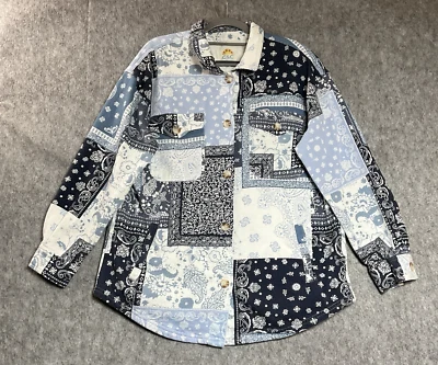 C&C California Jacket Womens XL Blue Geometric Patchwork Pockets Cottage Prairie - Image 1 of 4