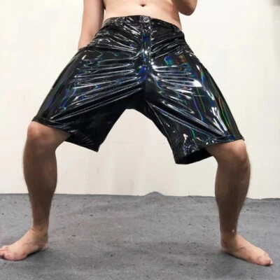 Hombres Holográfico Láser Brillante Imitación Cuero Medio Pantalones Cortos Hippy Punk Moda Foto 1 de 4